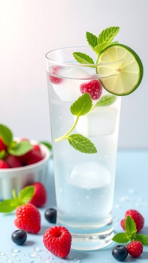 A refreshing low carb cocktail with mint and lime in a tall glass on a bright background.
